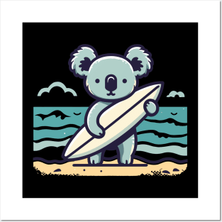 Cute koala with a surfboard on the beach, koala bear in summer vacation, koala lovers Posters and Art